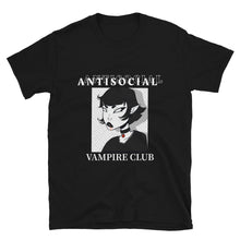 Lade das Bild in den Galerie-Viewer, gothic horror halloween T shirt titled ANTISOCIAL VAMPIRE CLUB alternative fashion design with cute black haired goth girl with blood on her mouth black and red choker