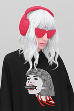 Load image into Gallery viewer, girl with white hair wearing Goth Black T-shirt with disembodied woman&#39;s head gripping a dagger in her teeth - harajuku design titled CUT ME OPEN
