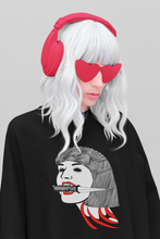 Load image into Gallery viewer, girl with white hair wearing Goth Black T-shirt with disembodied woman's head gripping a dagger in her teeth - harajuku design titled CUT ME OPEN