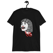 Load image into Gallery viewer, Goth Black T-shirt with disembodied woman&#39;s head gripping a dagger in her teeth - artistic design titled CUT ME OPEN
