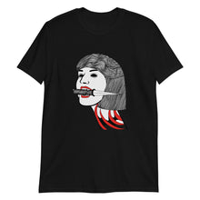 Load image into Gallery viewer, Goth Black T-shirt with disembodied woman's head gripping a dagger in her teeth - harajuku design titled CUT ME OPEN