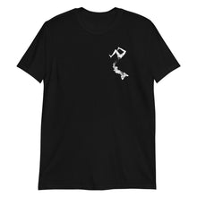 Load image into Gallery viewer, DIVIDED goth black T shirt with vintage victorian style girl split in two  aesthetic style unique fashion design top right logo
