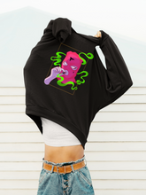 Load image into Gallery viewer, women taking off MASKED black sweatshirt with grunge pink ski mask with  cross motif on figure design in alt style
