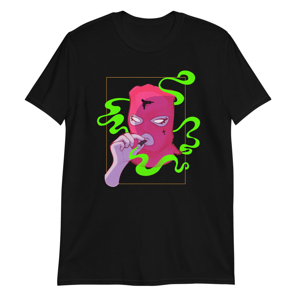 MASKED black T shirt with grunge pink ski mask with  cross motif on figure design in alt style