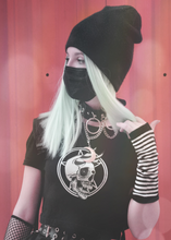 Load image into Gallery viewer, goth vintage t-shirt with movie picture from film Les Vampires with skull and pentagram on gothic young girl