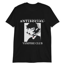Lade das Bild in den Galerie-Viewer, gothic horror halloween T shirt titled ANTISOCIAL VAMPIRE CLUB alternative fashion design with cute black haired goth girl with blood on her mouth pointy ears black and red choker