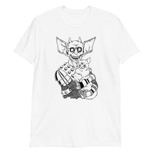 Load image into Gallery viewer, THE CAT & THAT white T shirt with three eyed mutant cat and armoured monster great alt fashion design