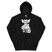 Load image into Gallery viewer, black hoodie with three eyed mutant cat and armoured battle monster alt fashion design  titlle THE CAT &amp; THAT 
