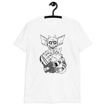 Load image into Gallery viewer, THE CAT & THAT white T shirt with three eyed mutant cat and a battle monster alt fashion design