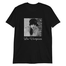 Load image into Gallery viewer, Vintage-gothic-black-T-shirt-with-image-of-Musidora-snarling-from-silent-film-Les-Vampires-horror-movie