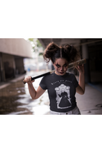 Загрузить изображение в средство просмотра галереи, walking on the street girl wearing Black T-shirt with goth victorian girl wearing veil and holding skulls on chains with mooons and sun above