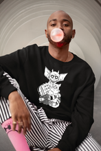 Load image into Gallery viewer, sitting man wearing black longsleeve T-shirt with goblin & three eyes cat