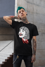 Load image into Gallery viewer, Goth Black T-shirt goth man wearing t-shirt with disembodied woman's head gripping a dagger in her teeth - harajuku design titled CUT ME OPEN