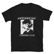 Load image into Gallery viewer, gothic horror halloween T shirt titled ANTISOCIAL VAMPIRE CLUB alternative fashion design with cute black haired goth girl with blood on her mouth black and red choker
