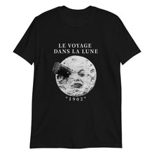 Załaduj obraz do przeglądarki galerii, Black unisex T-shirt with alternative fashion rocket in moon&#39;s eye from George Melliés&#39; film Trip to the Moon with the original French title Voyage Dans La Lune 1902

