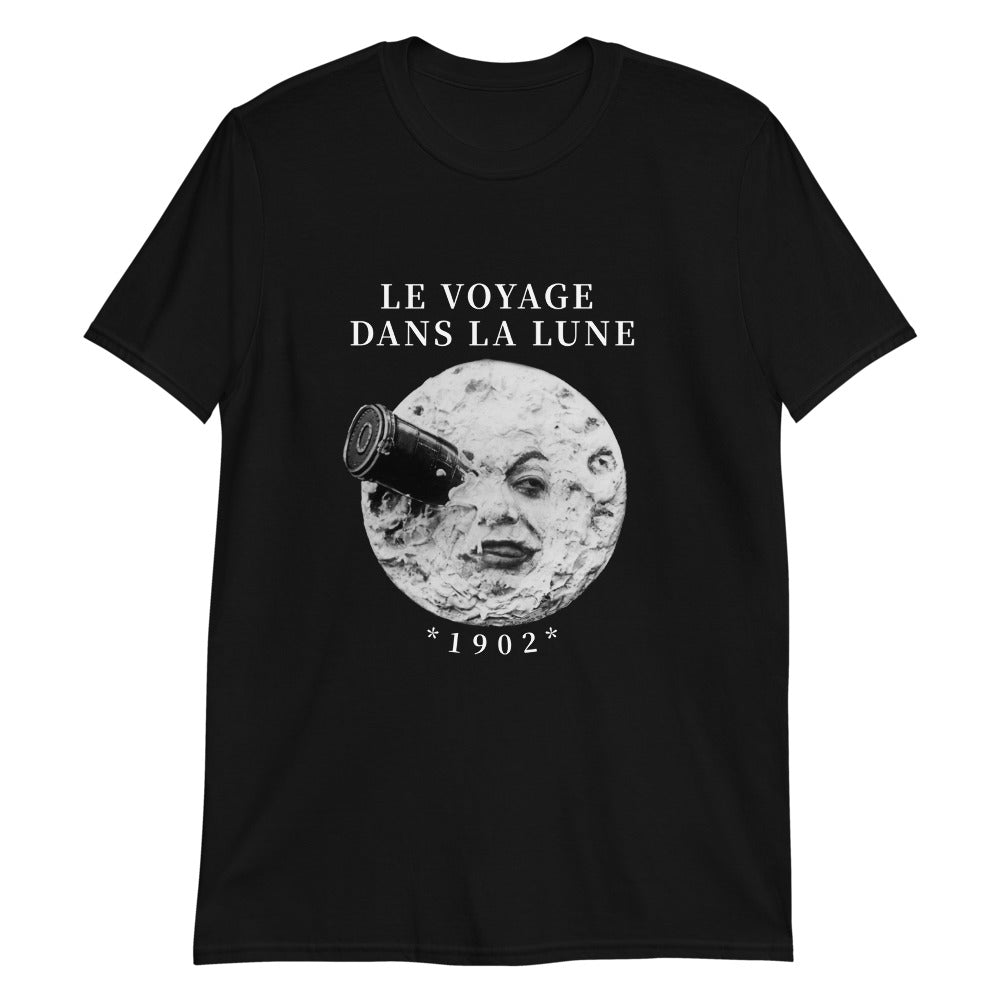 Black unisex T-shirt with alternative fashion rocket in moon's eye from George Melliés' film Trip to the Moon with the original French title Voyage Dans La Lune 1902
