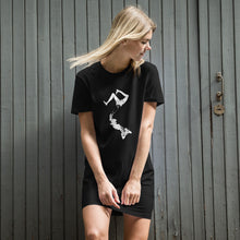 Lade das Bild in den Galerie-Viewer, DIVIDED long hair blond girl standing by old shed door goth black T shirt dress with vintage victorian style girl split in two parts design in aesthetic style
