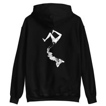Load image into Gallery viewer, back of goth black pullover name Dividedhoddie-with vintage victorian style girl split in two parts design in aesthetic style
