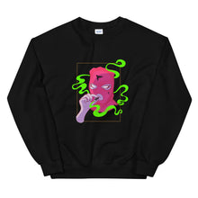 Load image into Gallery viewer, MASKED black sweatshirt with grunge pink ski mask with  cross motif on figure design in alt style

