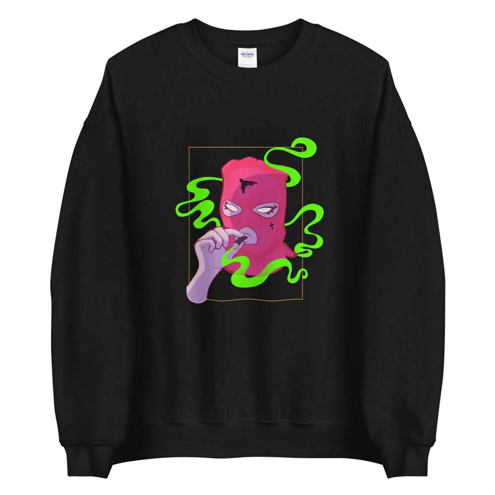 MASKED sweatshirt with grunge pink ski mask with  cross motif on figure design in alt style