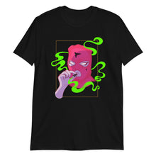 Load image into Gallery viewer, MASKED black T shirt with grunge pink ski mask with  cross motif on figure design in alt style

