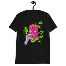 Load image into Gallery viewer, MASKED black T shirt with grunge pink ski mask  design in alt style

