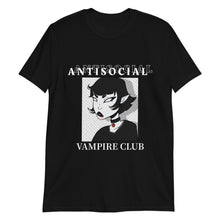 Załaduj obraz do przeglądarki galerii, gothic horror halloween T shirt titled ANTISOCIAL VAMPIRE CLUB alternative fashion design with cute black haired goth girl with blood on her mouth pointy ears black and red choker
