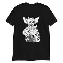 Загрузить изображение в средство просмотра галереи, THE CAT &amp; THAT black T shirt with three eyed mutant cat and armoured battle monster alt fashion design
