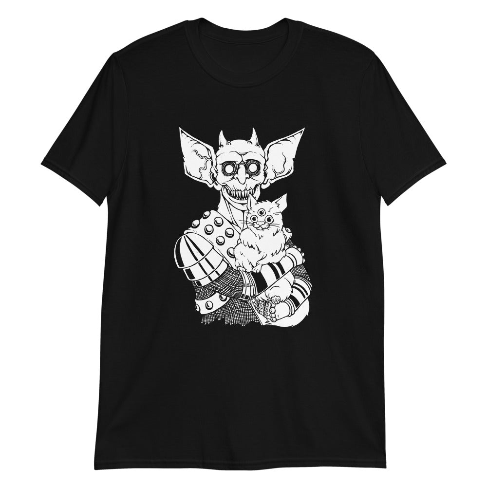 THE CAT & THAT black T shirt with three eyed mutant cat and armoured battle monster alt fashion design