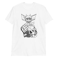 Lade das Bild in den Galerie-Viewer, THE CAT &amp; THAT white T shirt with three eyed mutant cat and armoured  monster  great alt fashion design
