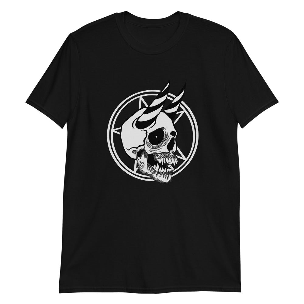 THE SUMMONING goth halloween black T shirt showing  horned skull and pentagram design in gothic style