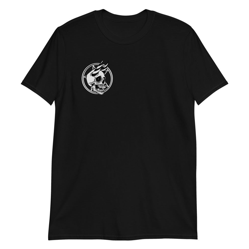 THE SUMMONING goth halloween black T shirt showing  horned skull and pentagram design in occult gothic style