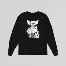 Load image into Gallery viewer, black long sleeveT-shirt with three eye mutant cat and armoured battle monster
