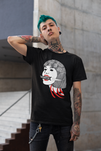 Load image into Gallery viewer, Goth Black T-shirt goth man wearing t-shirt with disembodied woman&#39;s head gripping a dagger in her teeth - harajuku design titled CUT ME OPEN
